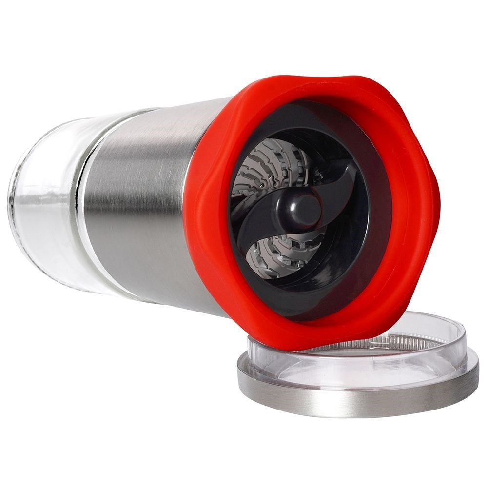 Hand grinder for chili pepper with glass container and steel mechanism