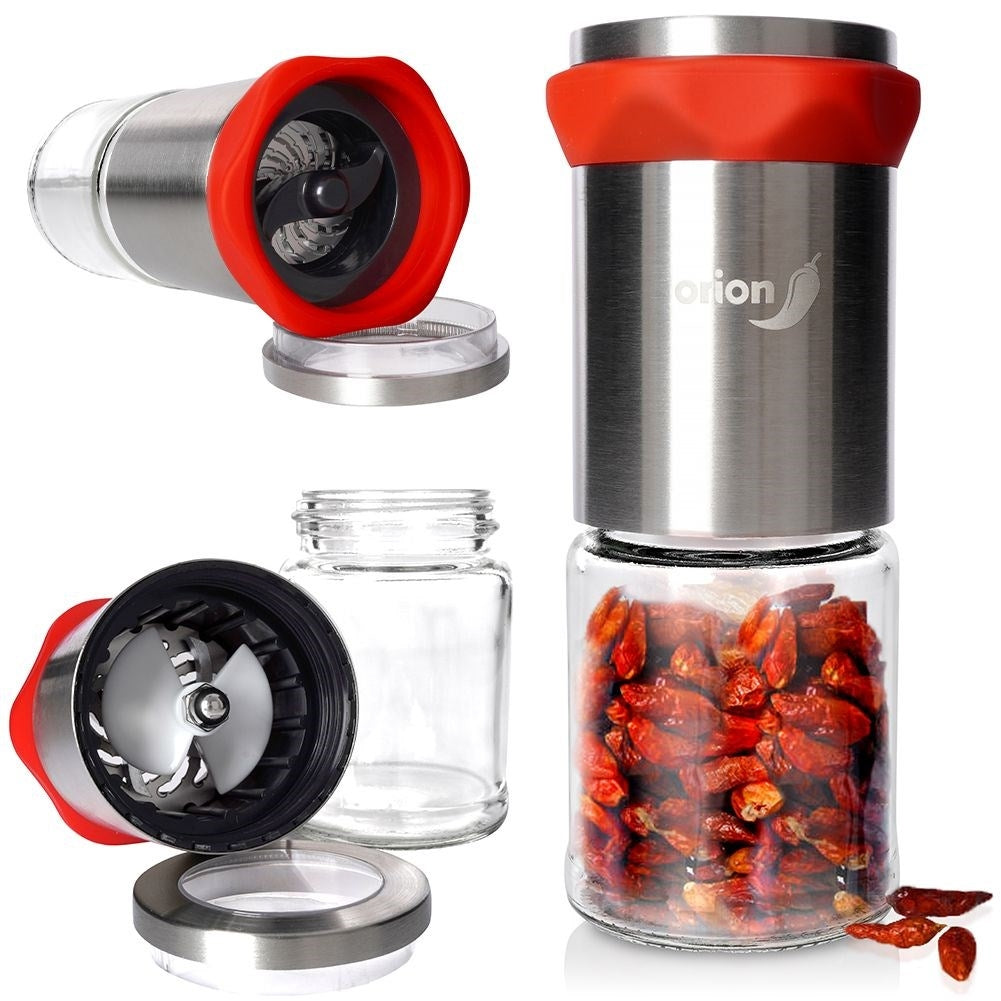 Hand grinder for chili pepper with glass container and steel mechanism