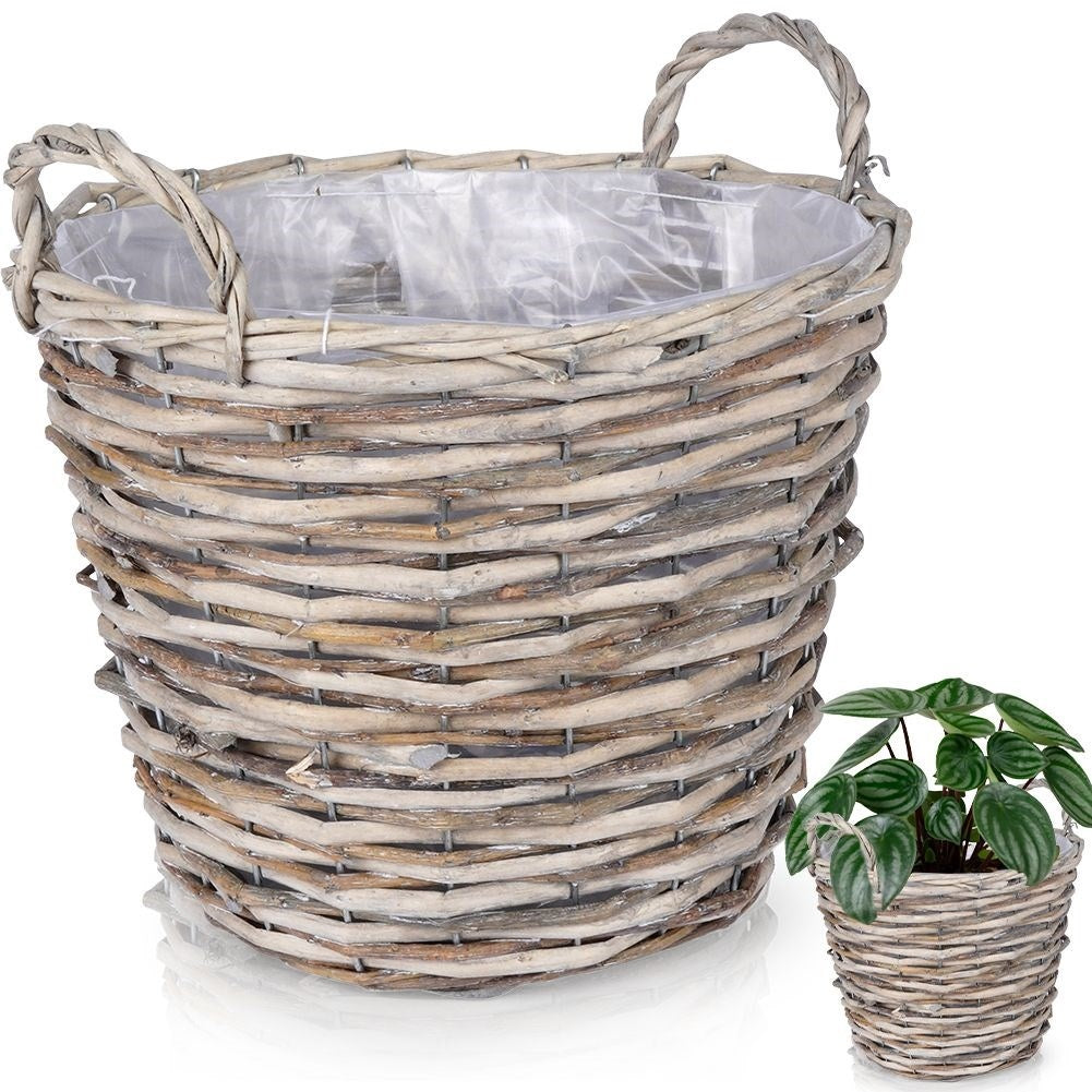 Handmade plant pot in braided willow with plastic film inside