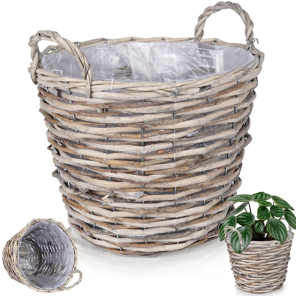 Handmade plant pot in braided willow with plastic film inside
