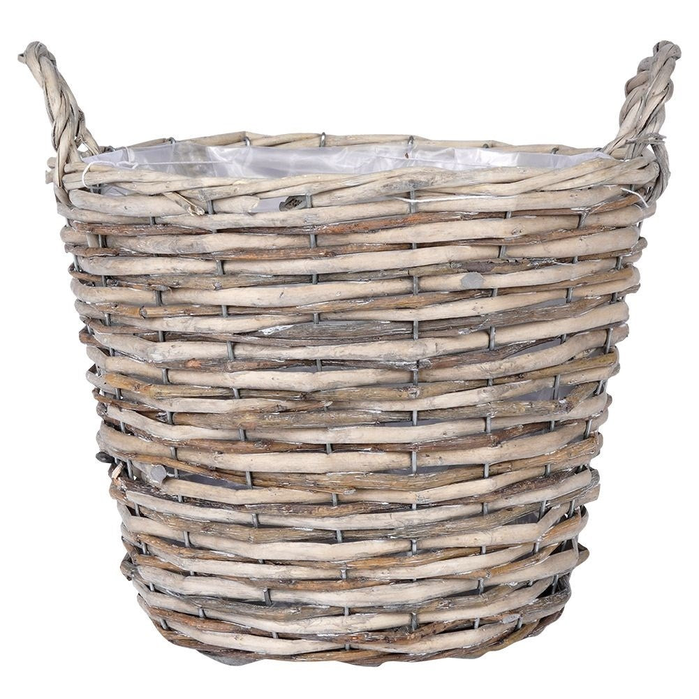 Handmade plant pot in braided willow with plastic film inside