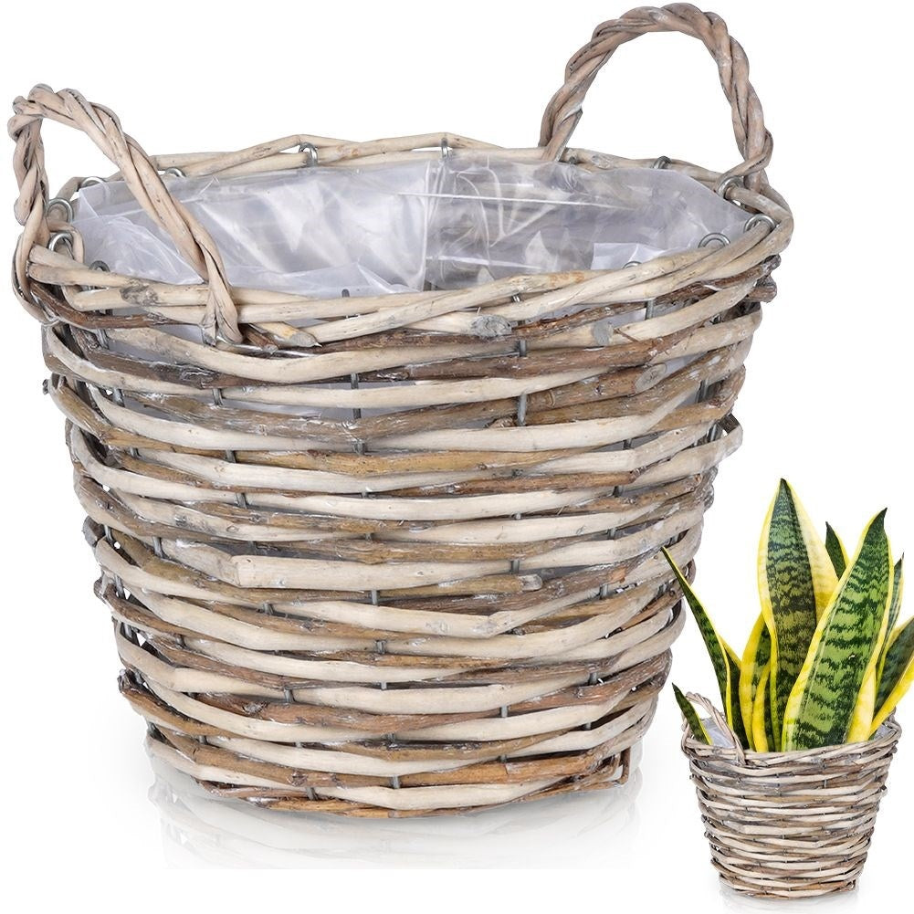 Handmade willow plant pot with foil protection for flowers and herbs
