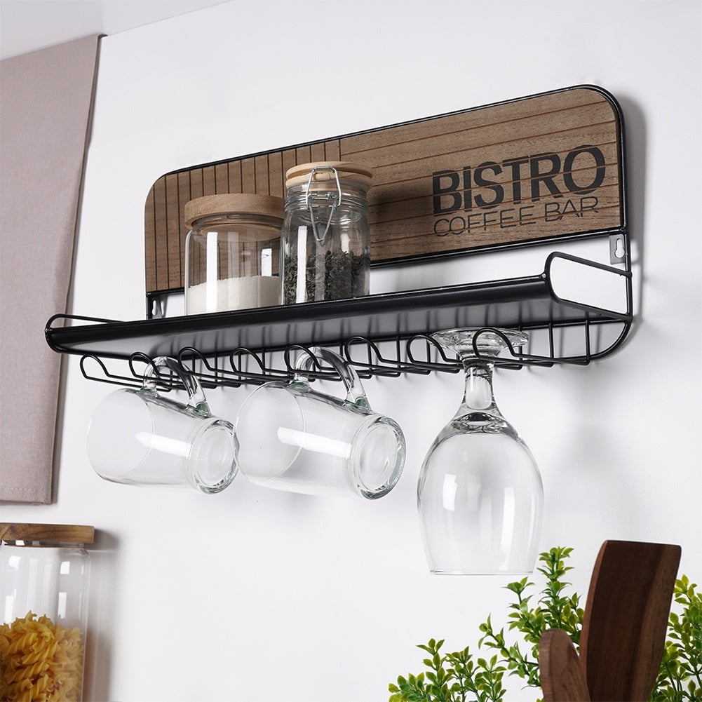 Hanger for glasses and cups with shelf in black metal