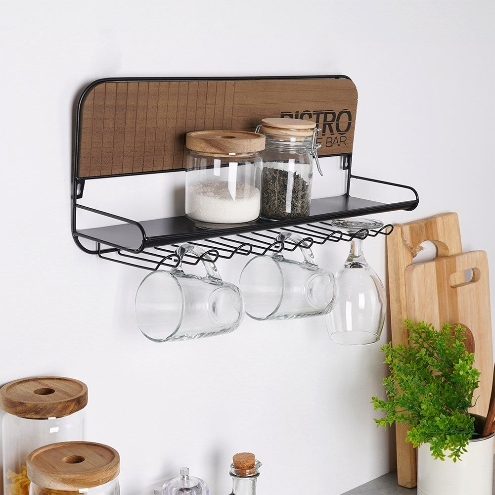 Hanger for glasses and cups with shelf in black metal