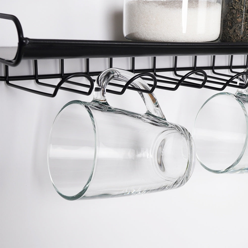 Hanger for glasses and cups with shelf in black metal