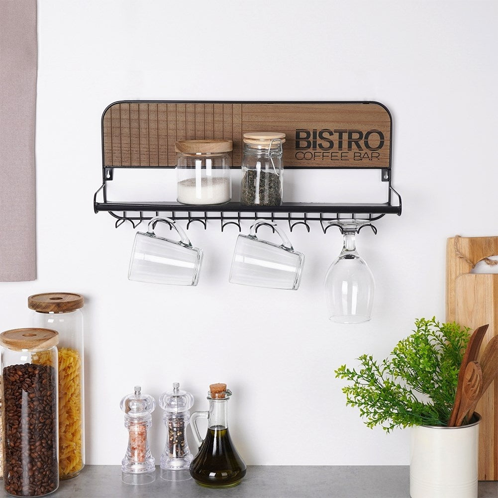 Hanger for glasses and cups with shelf in black metal