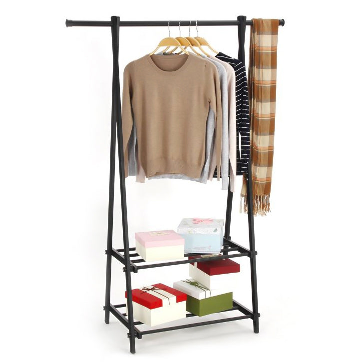 Hanger stand with shelves, black, 2 shelves