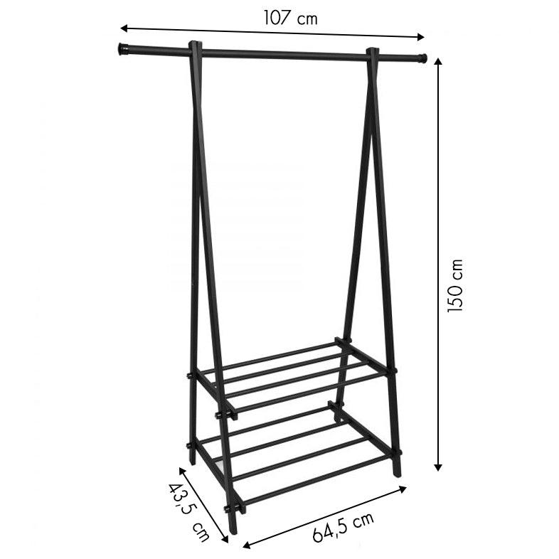 Hanger stand with shelves, black, 2 shelves