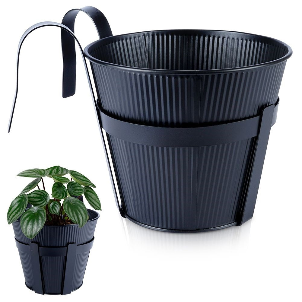 Hanging Balcony Pot in Black Metal with Fluted Front