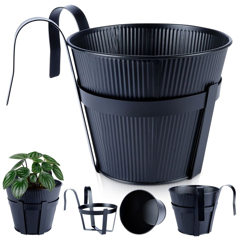 Hanging Balcony Pot in Black Metal with Fluted Front