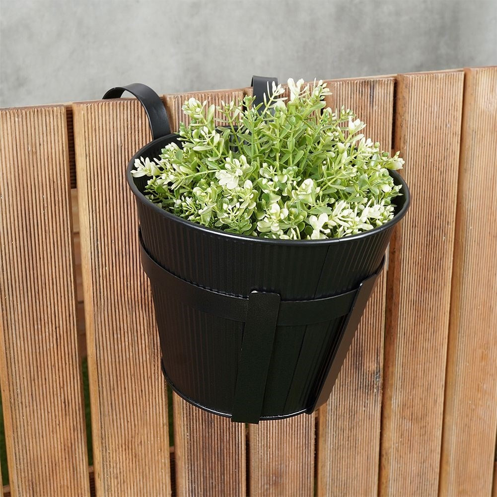 Hanging Balcony Pot in Black Metal with Fluted Front