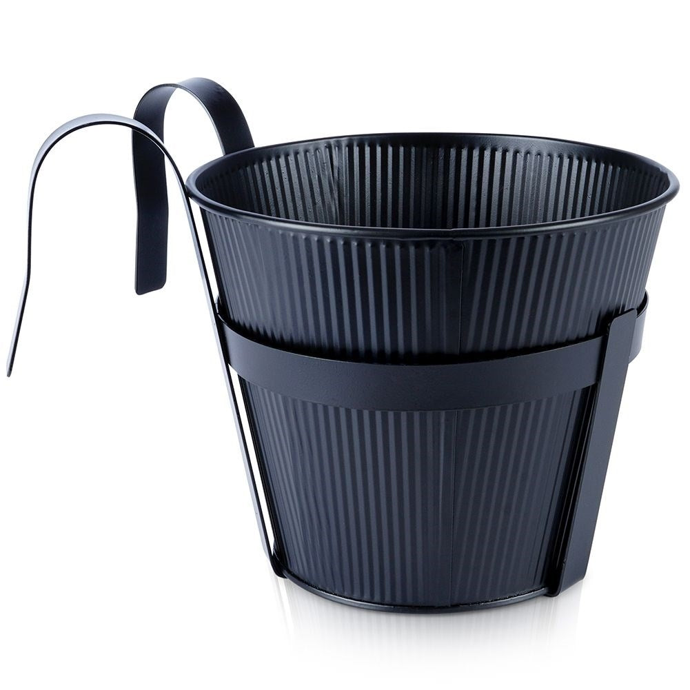 Hanging Balcony Pot in Black Metal with Fluted Front