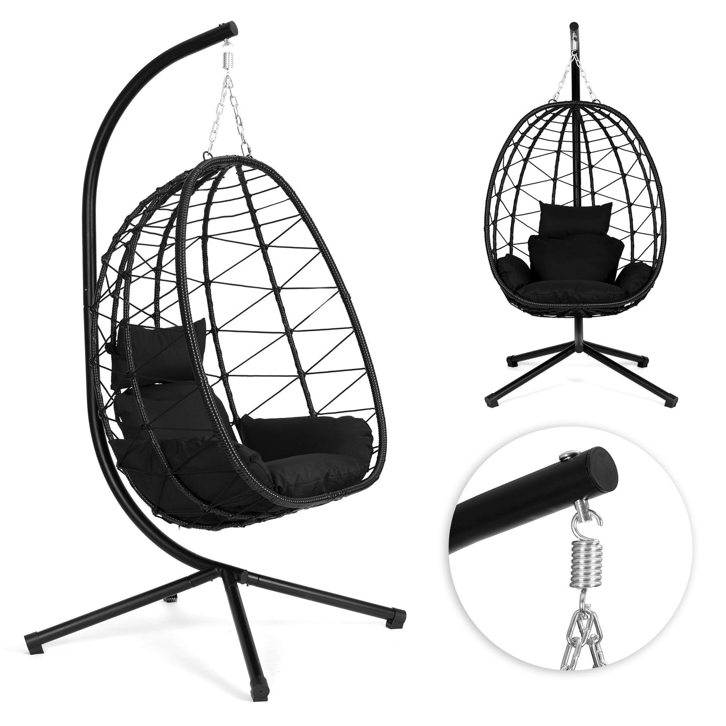 Hanging Egg Chair with Cushions, Black, 120kg Capacity