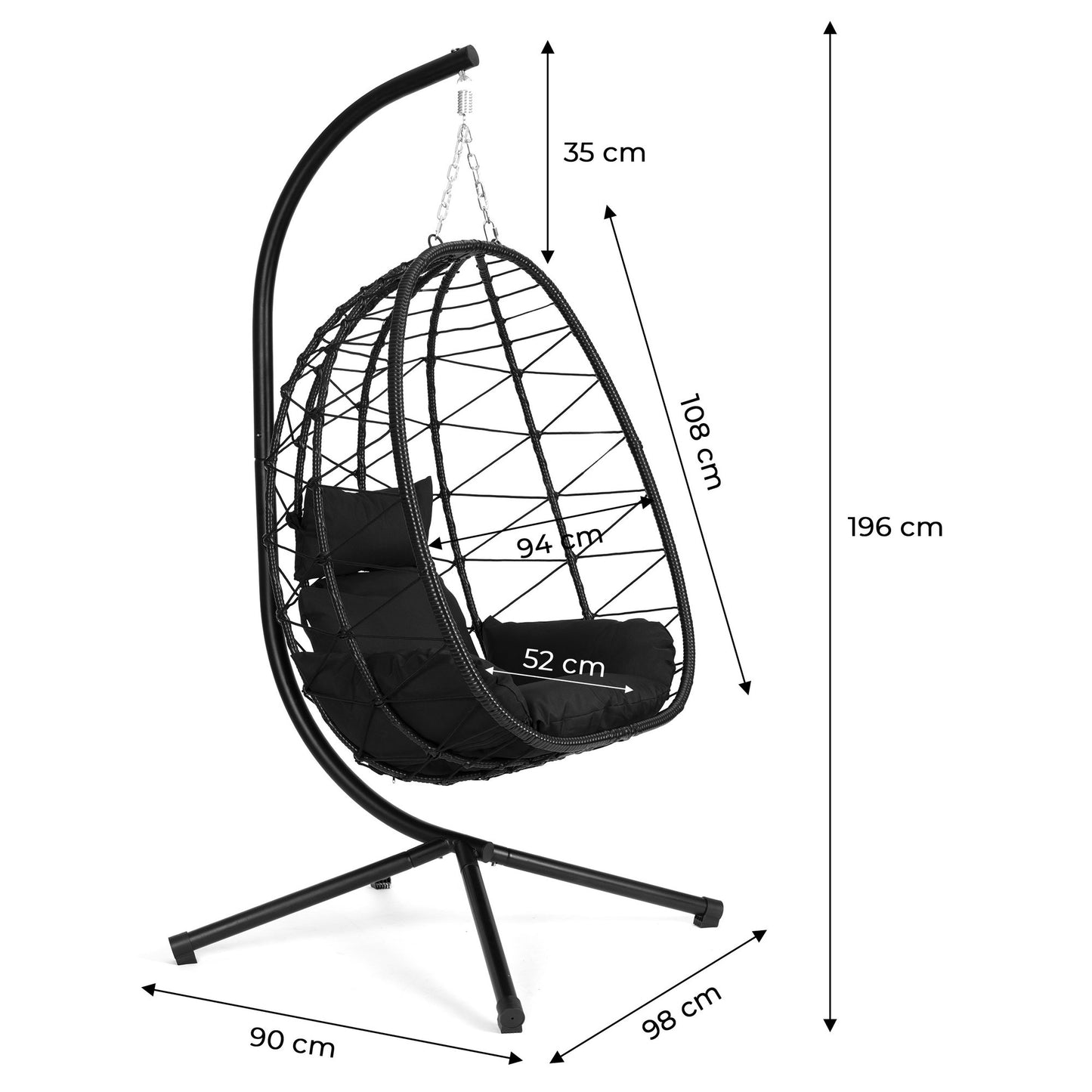 Hanging Egg Chair with Cushions, Black, 120kg Capacity