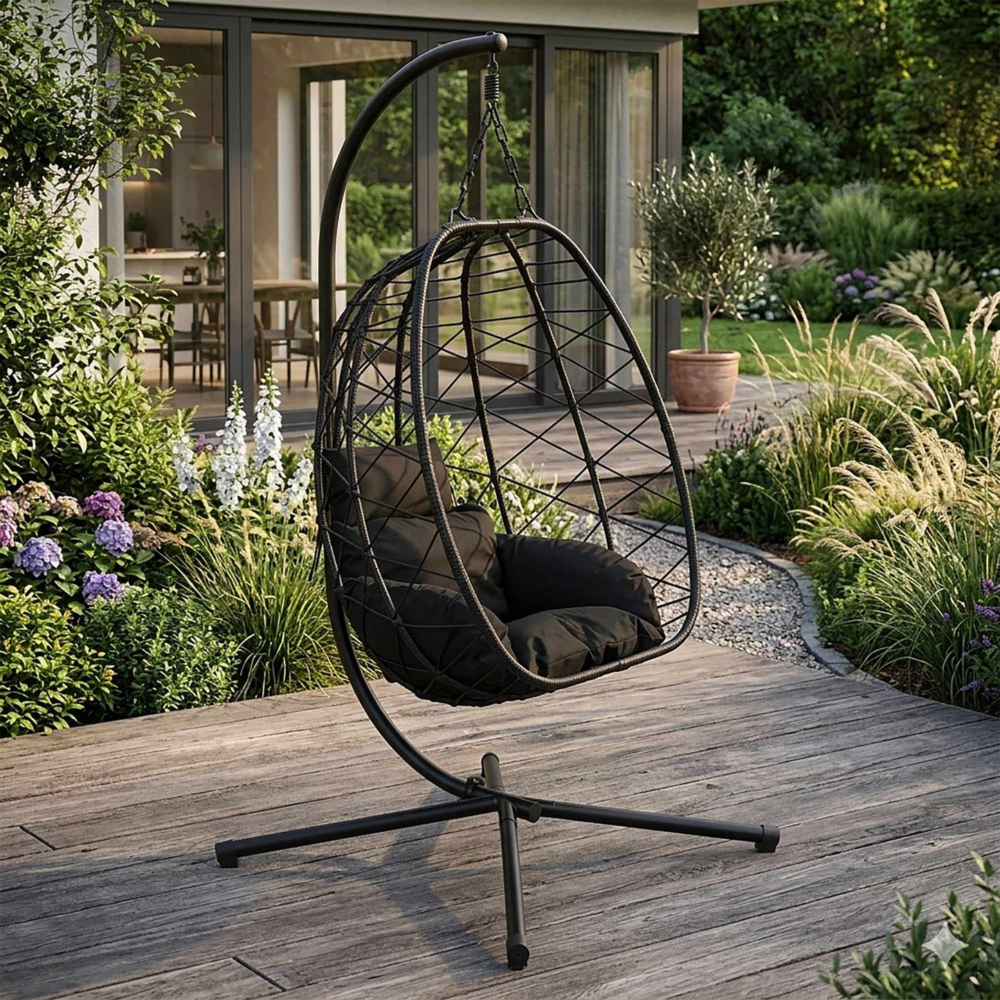 Hanging Egg Chair with Cushions, Black, 120kg Capacity