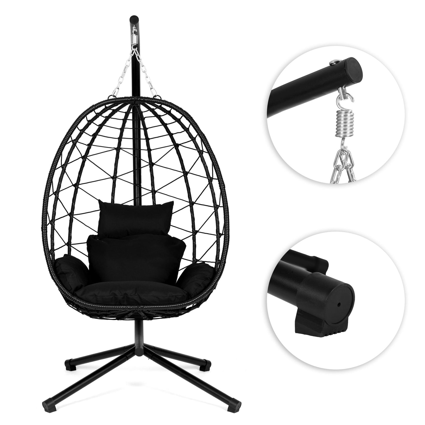 Hanging Egg Chair with Cushions, Black, 120kg Capacity