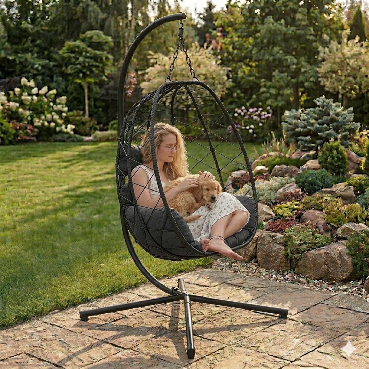 Hanging Egg Chair with Cushions, Black, 120kg Capacity
