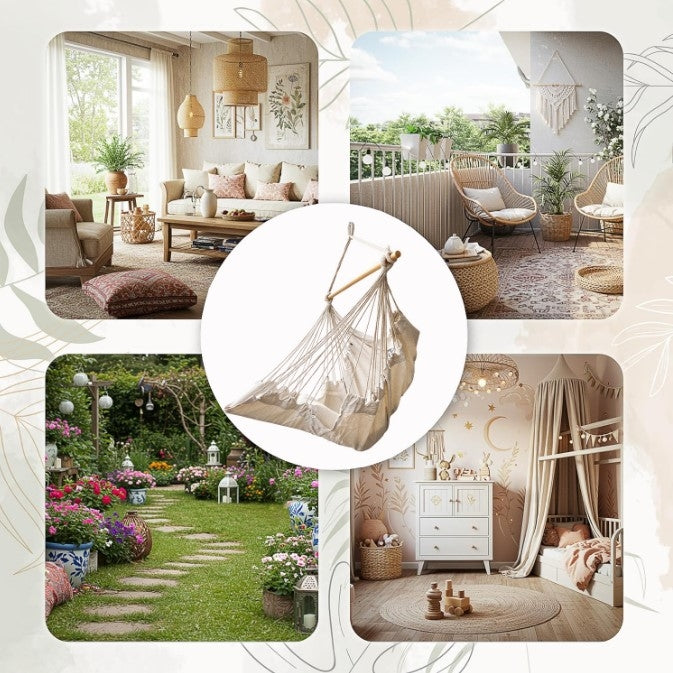 Hanging Swing Chair with Footrest, 130cm Beige