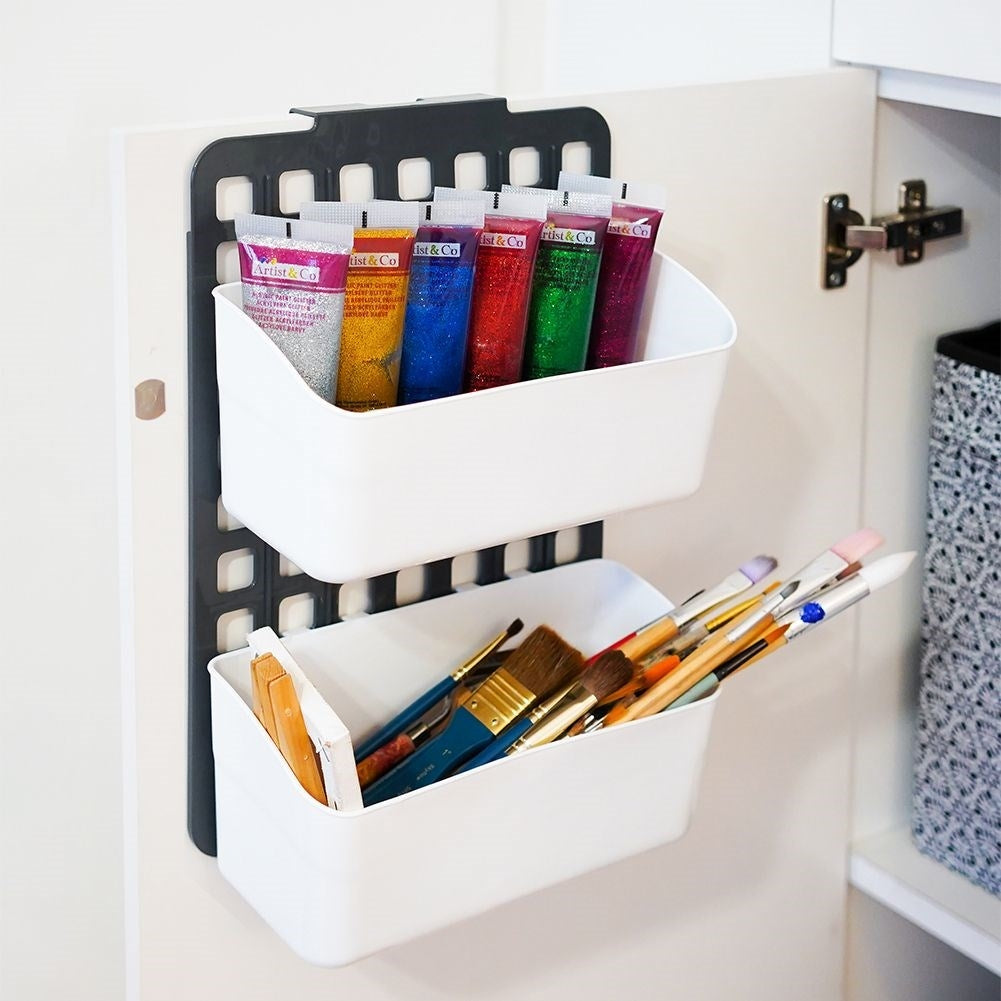 Hanging basket for cabinet and shower with two compartments