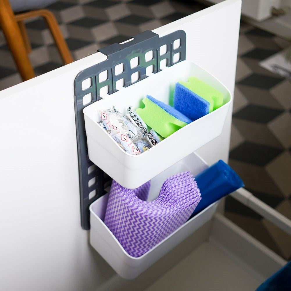 Hanging basket for cabinet and shower with two compartments