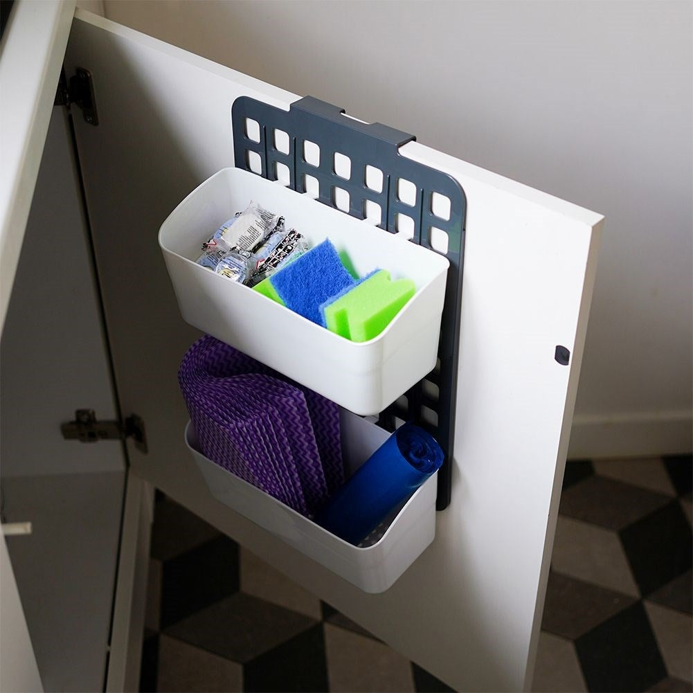 Hanging basket for cabinet and shower with two compartments