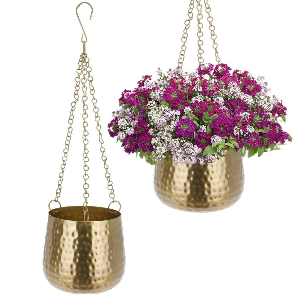 Hanging flower pot in metal, golden color, for all plants