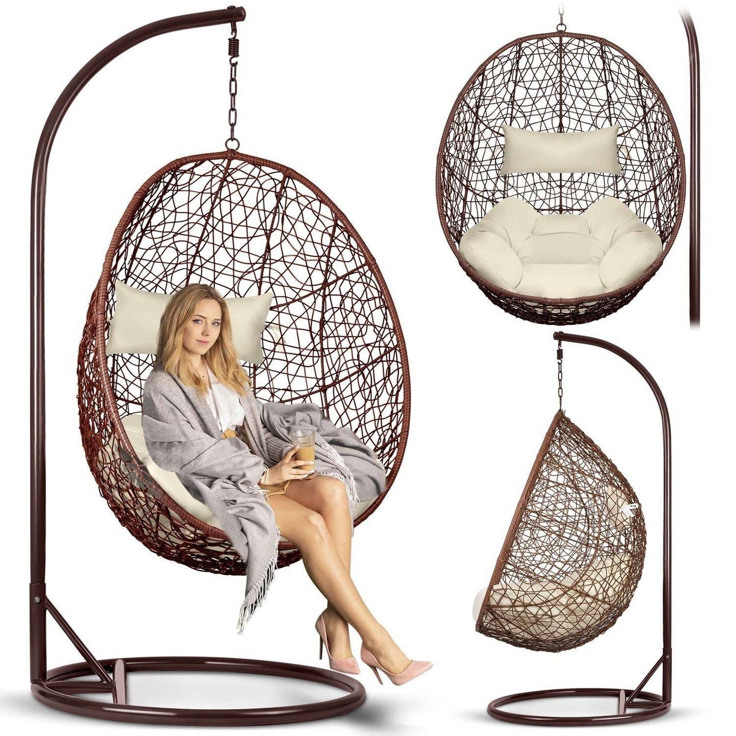 Hanging garden chair Brava brown + beige cushions Sofotel
