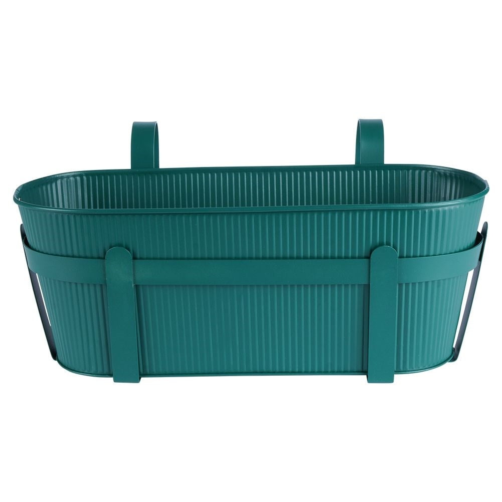 Hanging green metal pot with grooved front for balcony