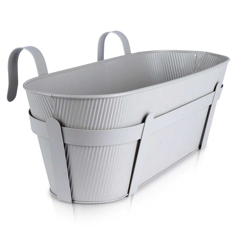 Hanging metal pot for balcony with grooved front
