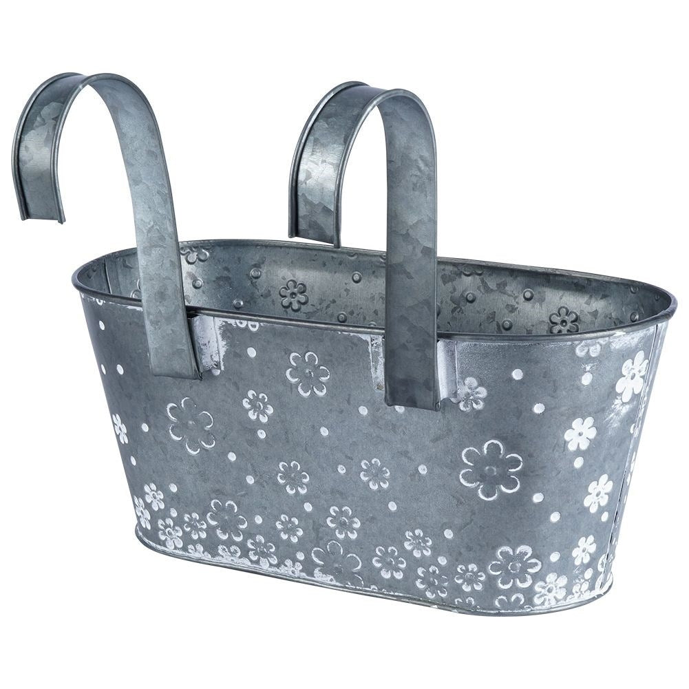 Hanging pot in galvanized metal with white flowers for balcony