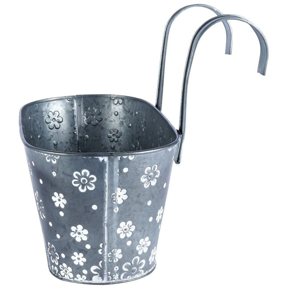 Hanging pot in galvanized metal with white flowers for balcony