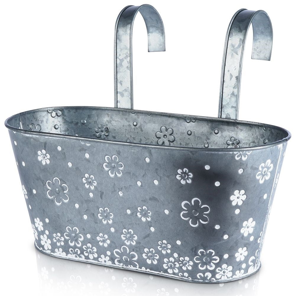 Hanging pot in galvanized metal with white flowers for balcony