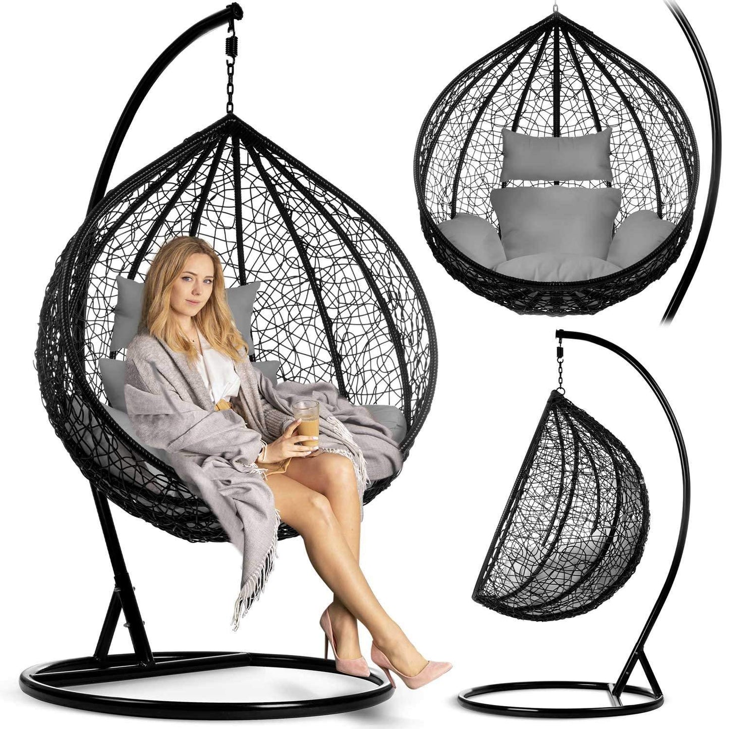 Havana black hanging garden chair + grey cushions