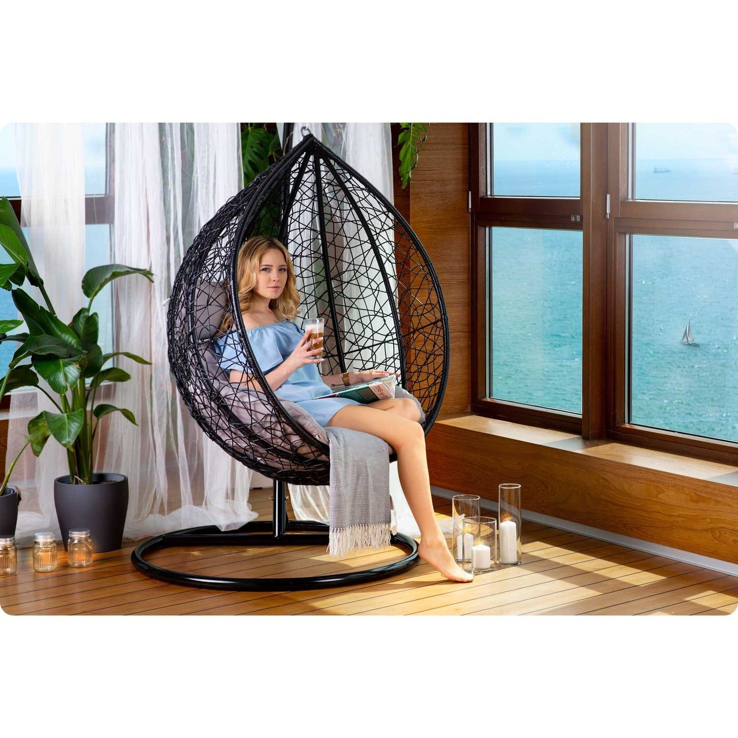 Havana black hanging garden chair + grey cushions
