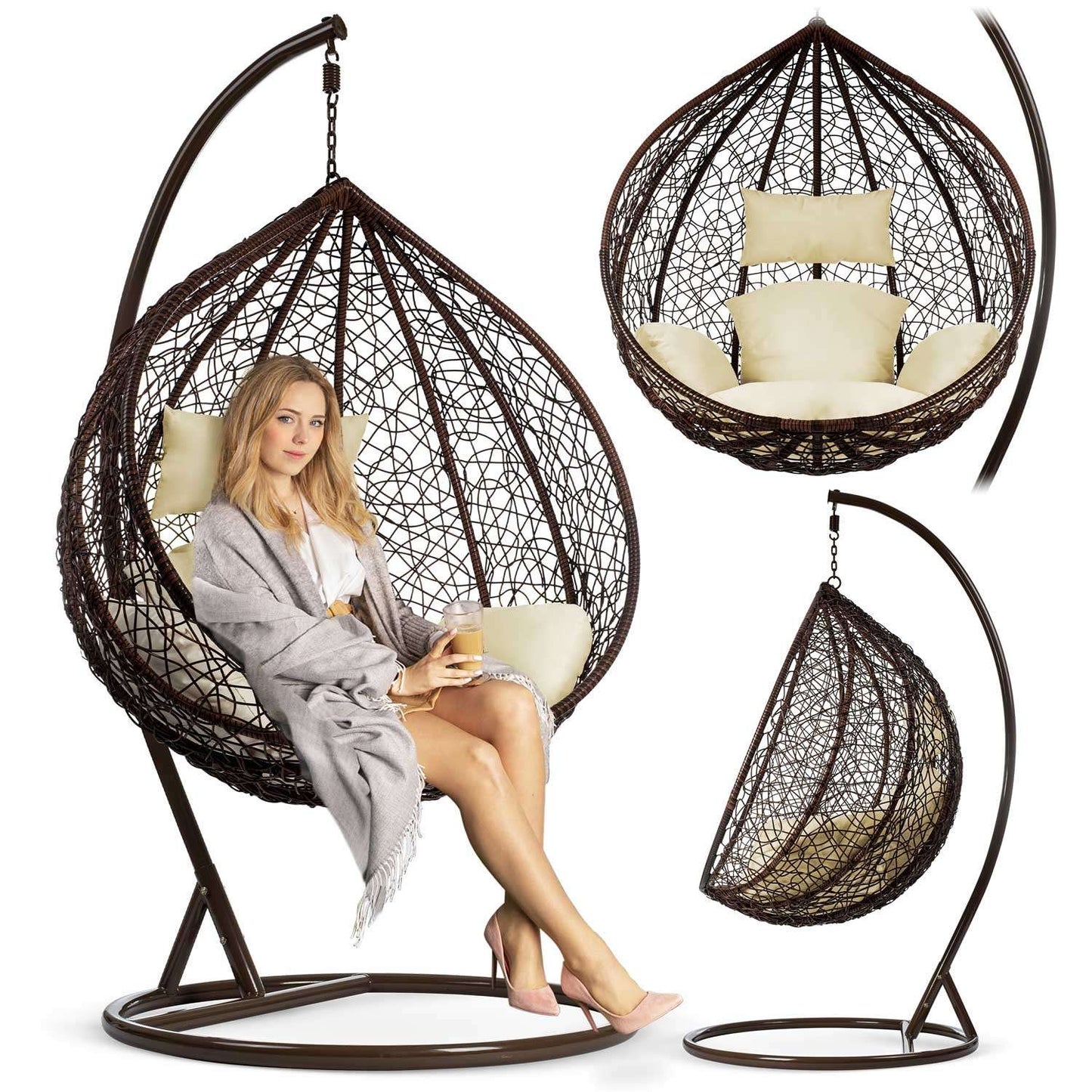 Havana brown hanging rocking garden chair + cream cushions