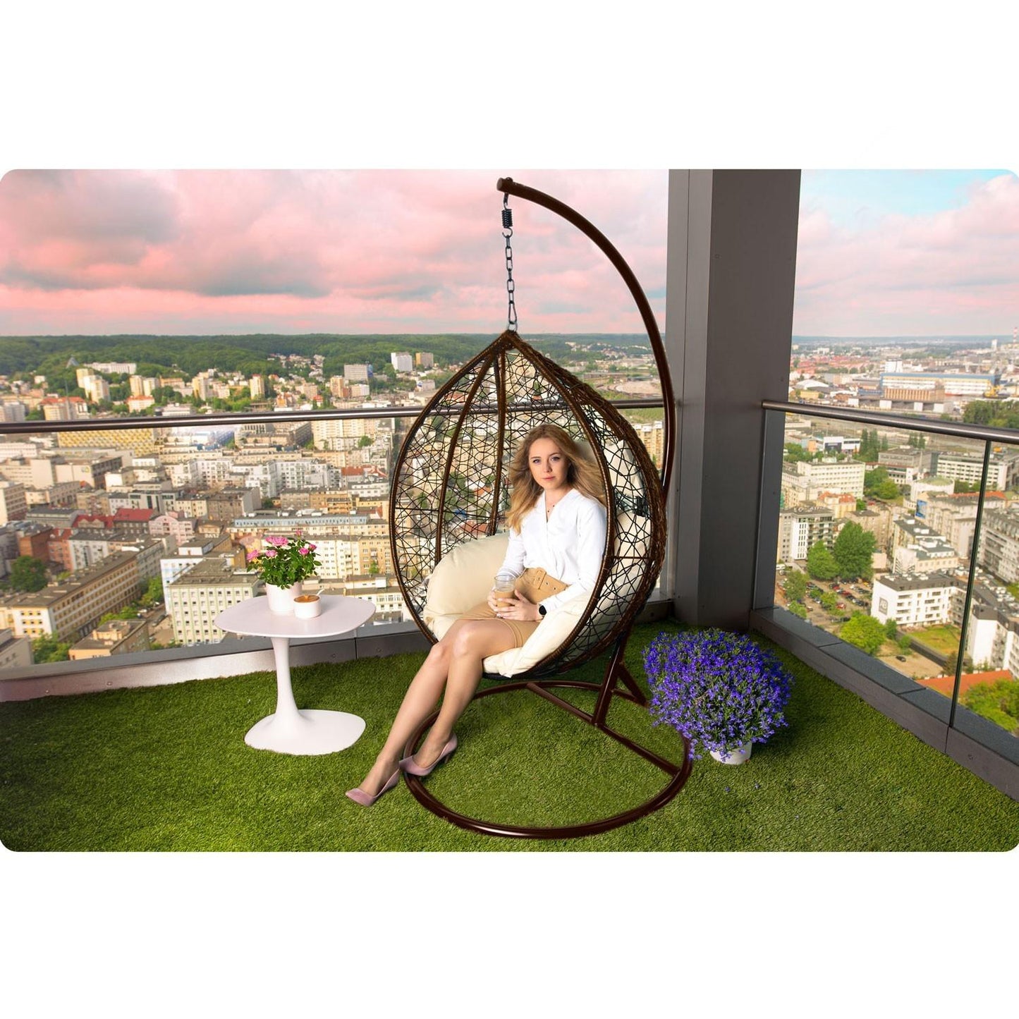 Havana brown hanging rocking garden chair + cream cushions