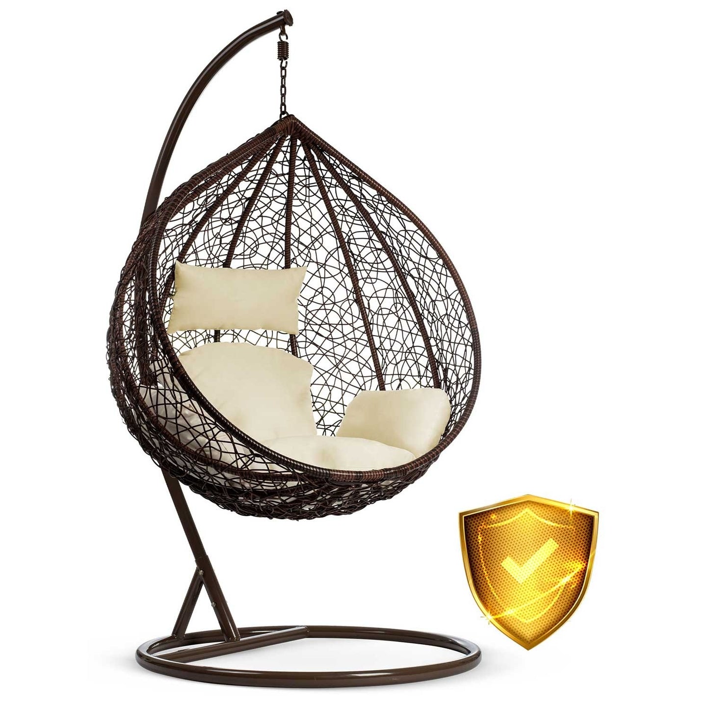 Havana brown hanging rocking garden chair + cream cushions