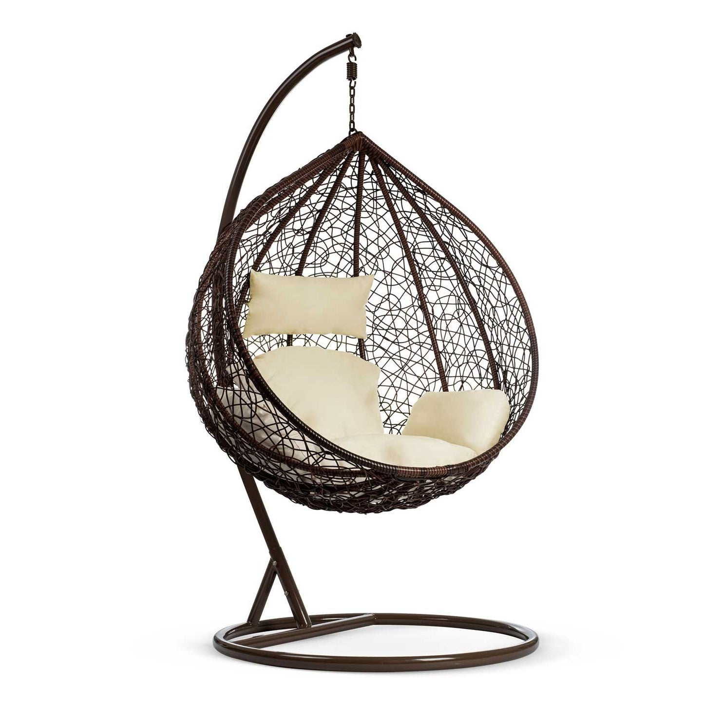 Havana brown hanging rocking garden chair + cream cushions