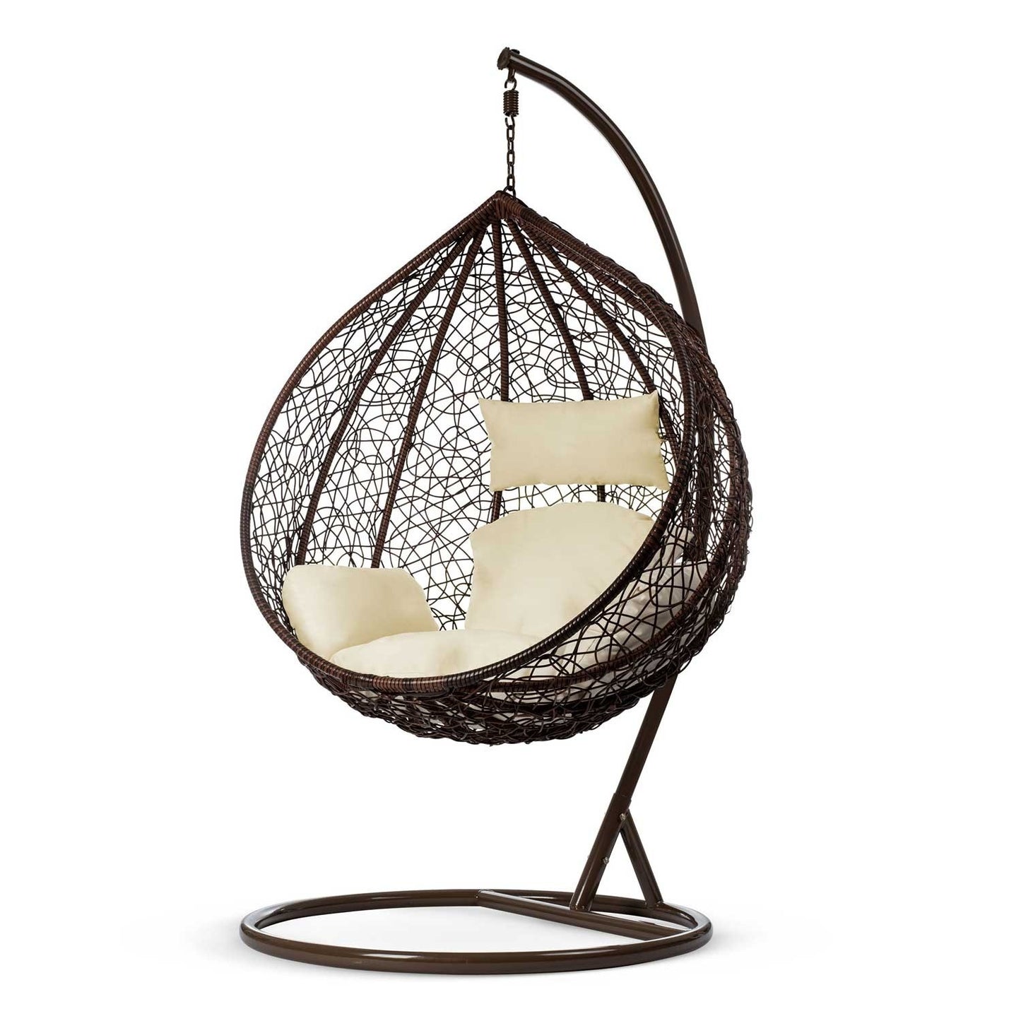 Havana brown hanging rocking garden chair + cream cushions