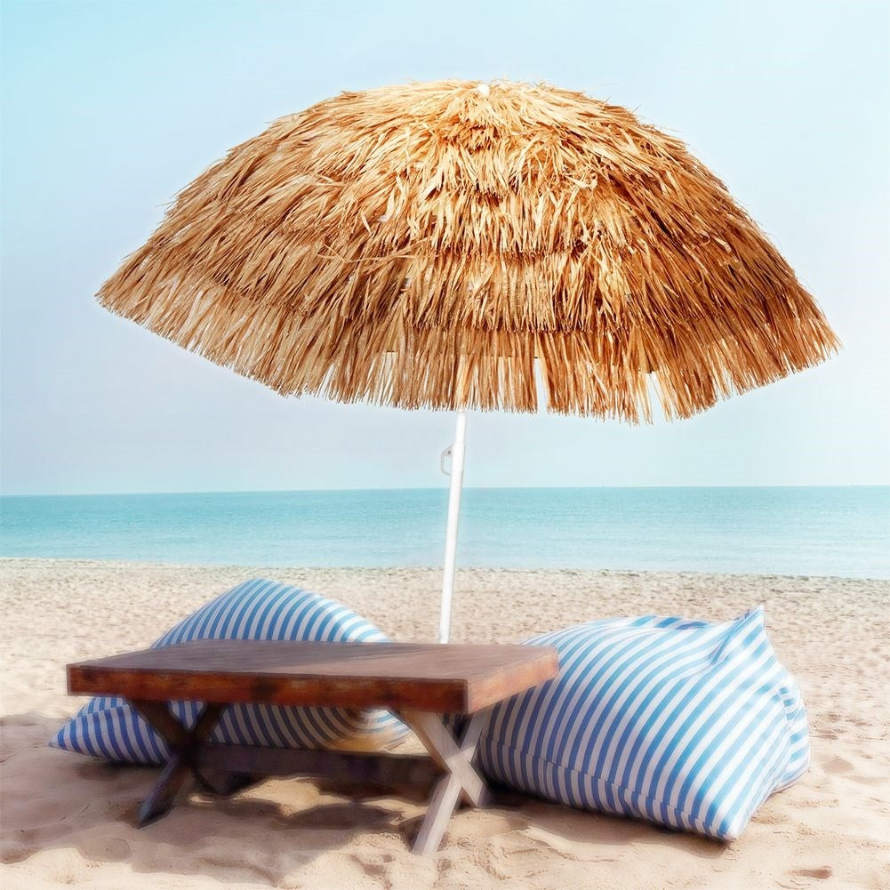 Hawaiian Umbrella: Beige Raffia, 155 cm, Adjustable Tilt