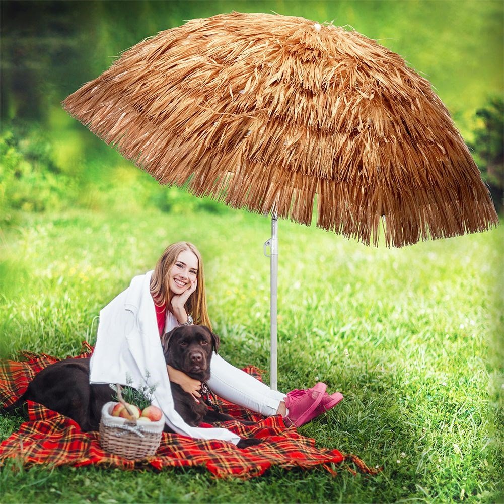 Hawaiian Umbrella: Beige Raffia, 155 cm, Adjustable Tilt