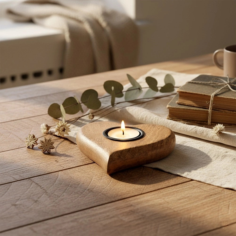 Heart-Shaped Mango Wood Tealight Candle Holder 12.5x12 cm