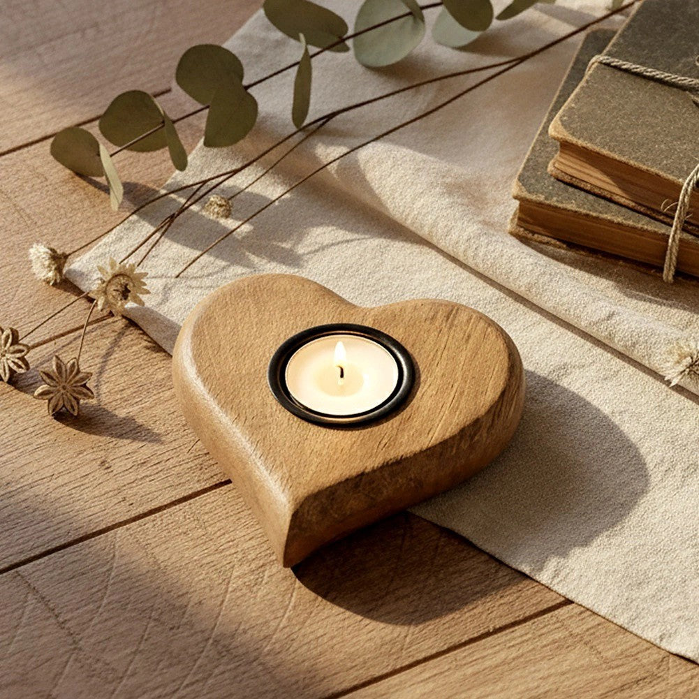 Heart-Shaped Mango Wood Tealight Candle Holder 12.5x12 cm