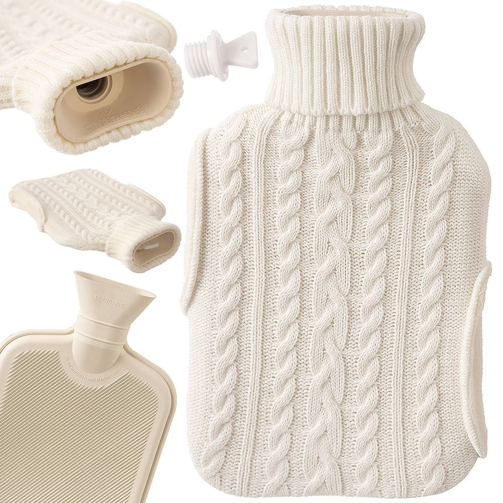 Heating bottle with cozy knitted beige cover