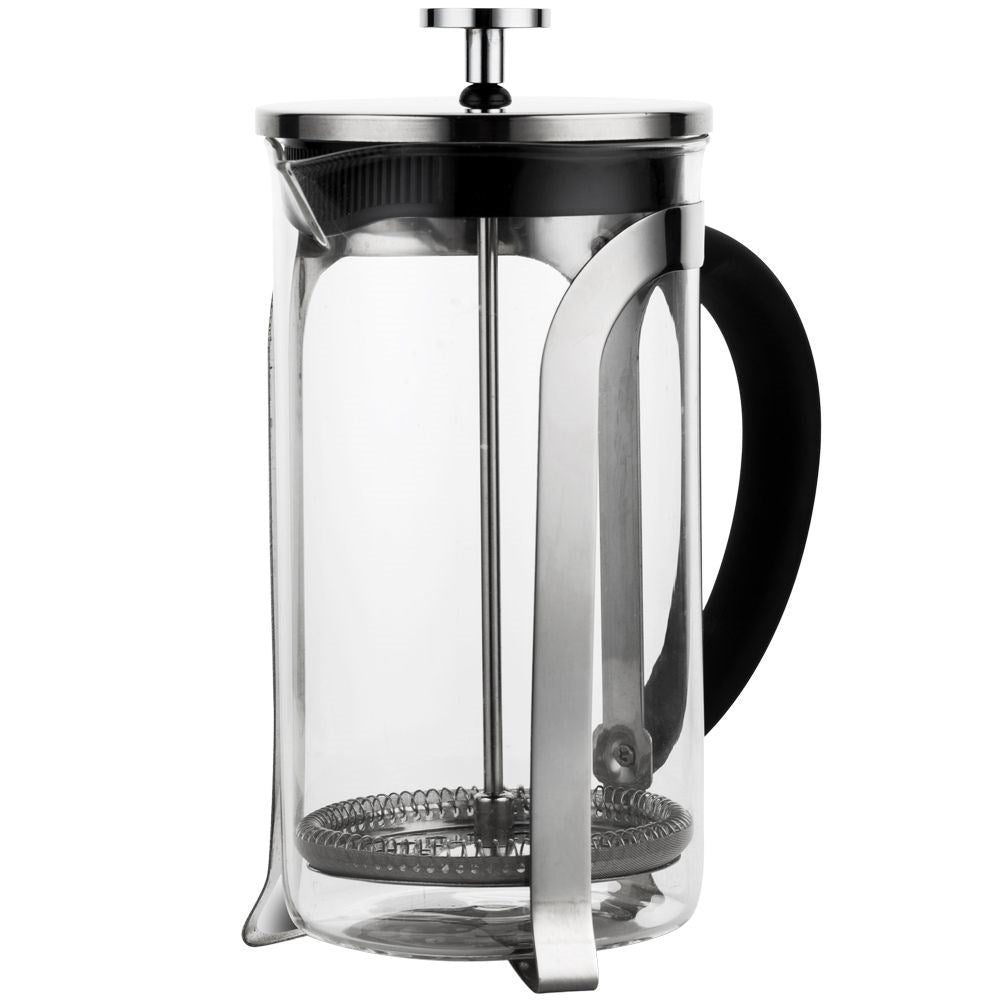 Heat-resistant glass coffee press with steel piston for brewing