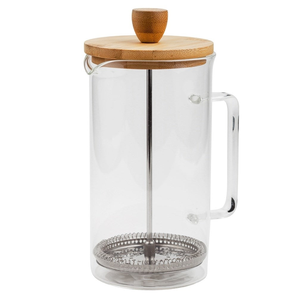 Heat-resistant glass coffee press with steel press and milk frother