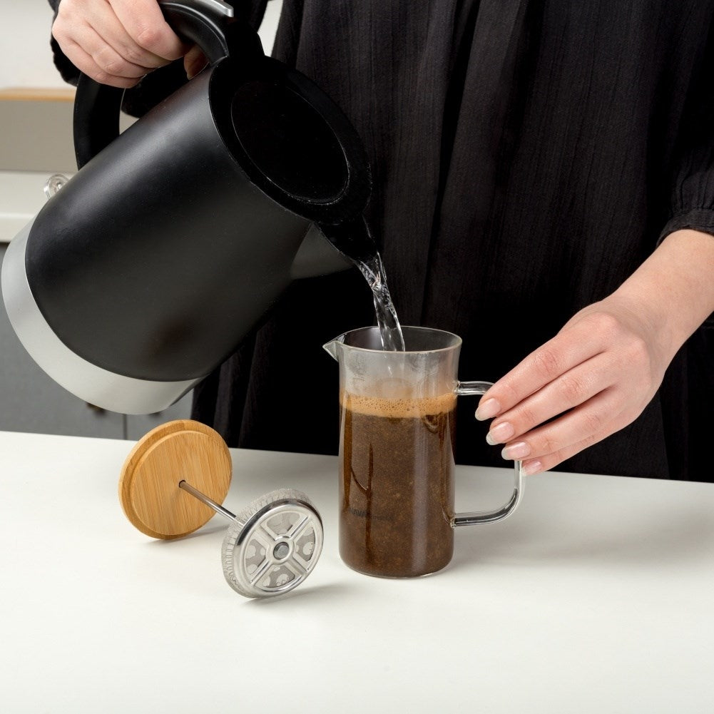 Heat-resistant glass coffee press with steel press and milk frother