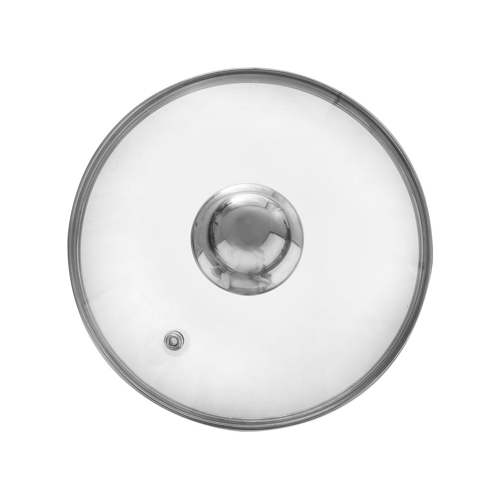 Heat-resistant glass lid with steel edge and steam outlet