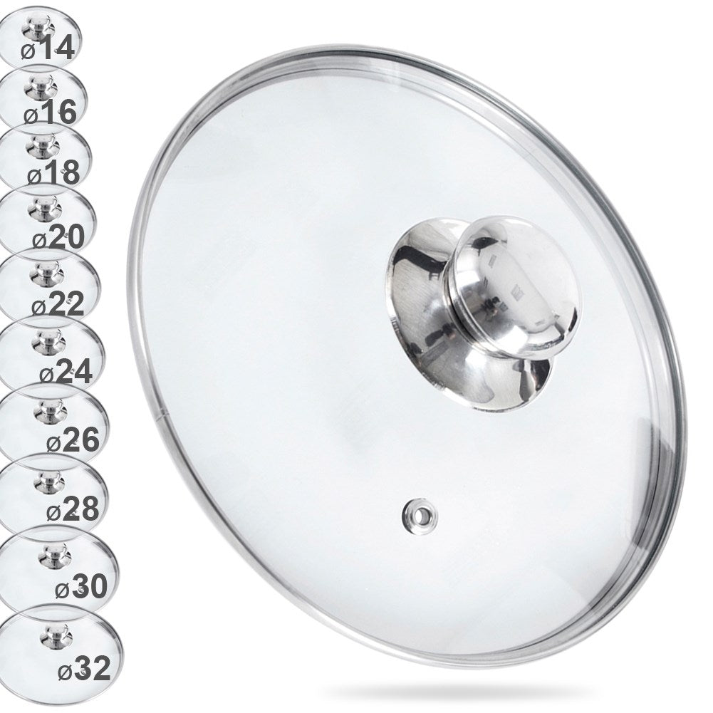 Heat-resistant glass lid with steel edge and steam outlet.