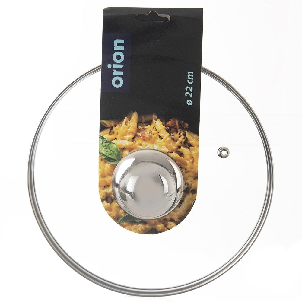 Heat-resistant glass lid with steel edge and steam outlet.